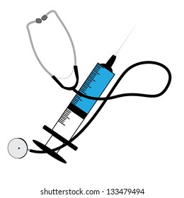 Stethoscope and syringe. Vector.