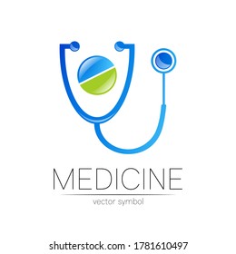 Stethoscope, tablet vector logotype in blue color. Medical symbol for doctor, clinic, hospital and diagnostic. Modern concept for logo or identity style. Sign of health. Isolated on white background.