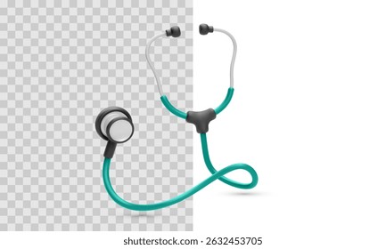 Stethoscope With Teal Tube And White Earpieces On Transparent And White Background. Clean 3D Medical Equipment Concept For Healthcare, Examination, Or Clinical Use. Vector Illustration.