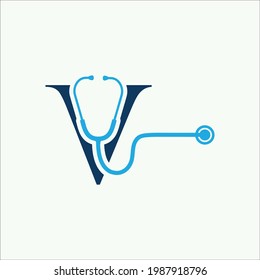 Stethoscope Template with V letter Logo Design Vector, Emblem, Design Concept, Creative Symbol, Icon