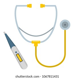 Stethoscope and thermometer icon. Flat illustration of stethoscope and thermometer vector icon for web