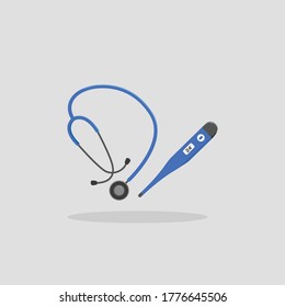 stethoscope and thermometer vector illustration, doctor tool health care equipment. flat cartoon icon vector object. 