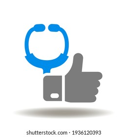 Stethoscope with thumb up vector icon. Patient satisfaction symbol. Health care service review, feedback, evaluation illustration.