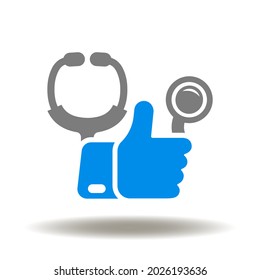 Stethoscope With Thumb Up Vector Illustration. Medical Service Evaluation Symbol. Feedback Medicine Icon. Clinic Assessment Sign.