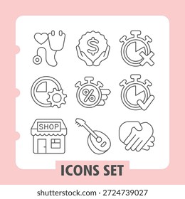 Estetoscopio, temporizador, tienda de iconos simples que representan la atención médica, compras, gestos de artículos en estilo de contorno para App de Web e impresión sobre fondo blanco. Gráficos de Vector. Conjunto de nueve iconos de línea delgada