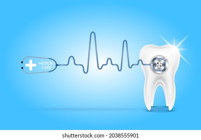 Stethoscope with tooth. Tools for doctor inspect heartbeat. Teeth medical check up  health and medicine concept. Realistic 3D vector illustration