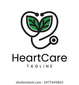 Stethoscope with two green leaves forming a heart symbol. This logo is perfect for companies or services in the field of cardiology, health, clinics, or natural products