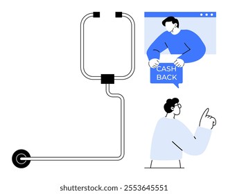 Stethoscope and two people. One person holding cashback sign on website, another pointing finger. Ideal for cashback offers, online shopping, financial rewards, e-commerce, and healthcare promotion