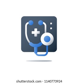 Stethoscope vector flat icon, health care insurance, medical services, health check up, preventive medical exam, diagnosis and therapy concept, flat design illustration