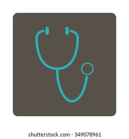 Stethoscope vector icon. Style is flat rounded square button, cyan and grey colors, white background.