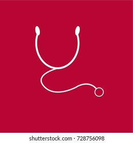 Stethoscope vector icon. white stethoscope  isolated on red background. Use as icon for doctors or hospital. 
