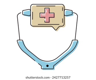 Stethoscope vector isolated line icon. Online medicine chat, bubble speech with a cross sign.