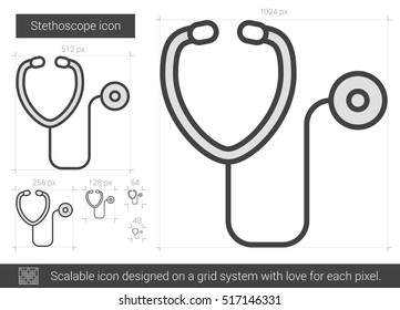 Stethoscope, Vektorsymbol einzeln auf weißem Hintergrund. Stethoscope line Icon für Infografik, Website oder App. Skalierbares Symbol, das auf einem Gittersystem entworfen wurde.
