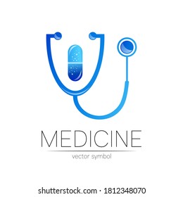 Stethoscope vector logotype in blue color. Medical symbol for doctor, clinic, hospital and diagnostic. Modern concept for logo or identity style. Sign of health. Isolated on white background.