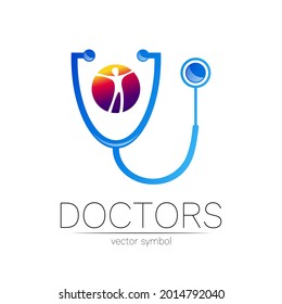 Stethoscope vector logotype in blue and violet color. Man in circle. Medical symbol for doctor, clinic, hospital and diagnostic. Modern concept for logo or identity style. Sign of health. Isolated