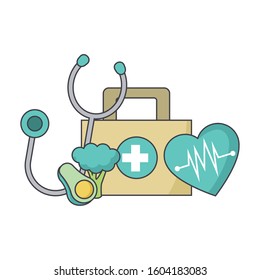 stethoscope, vegetables and first aid kit over white background, colorful design, vector illustration