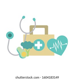 stethoscope, vegetables and first aid kit over white background, colorful design, vector illustration