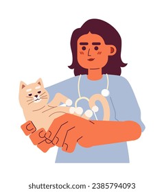 Stethoscope veterinarian female arab 2D cartoon character. Middle eastern vet young woman cuddling cat isolated vector person white background. Animal checkup appointment color flat spot illustration