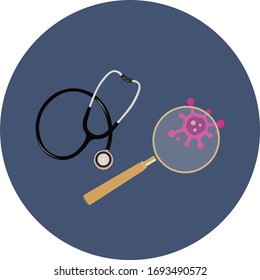 Stethoscope and virus under magnifying glass