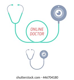 Stethoscope with web cam. Telemedicine and telehealth flat concept illustration and icon. Medical equipment with web camera. Vector elements for tele medical, health and technology infographics.