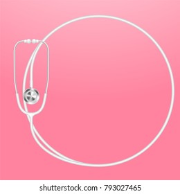 Stethoscope white color and circle shape frame made from cable isolated on pink gradient background, with copy space