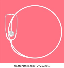 Stethoscope white color and circle shape frame made from cable flat design isolated on pink background, with copy space