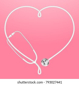 Stethoscope white color and heart sign symbol frame made from cable isolated on pink gradient background, with copy space