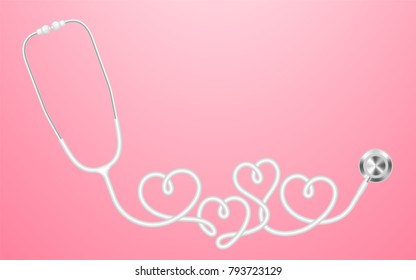 Stethoscope white color and heart sign symbol made from cable isolated on pink gradient background, with copy space