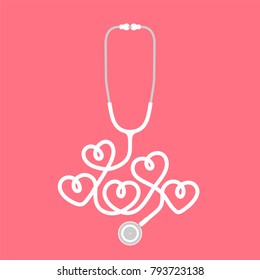 Stethoscope white color and heart sign symbol made from cable isolated on pink background, with copy space