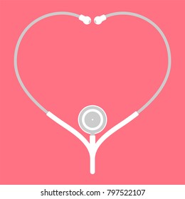 Stethoscope white color and heart sign symbol frame made from cable isolated on pink background, with copy space