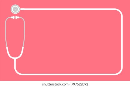 Stethoscope white color and rectangle shape frame made from cable flat design isolated on pink background, with copy space