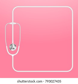 Stethoscope white color and square shape frame made from cable isolated on pink gradient background, with copy space