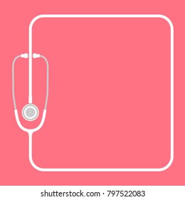 Stethoscope white color and square shape frame made from cable flat design isolated on pink background, with copy space
