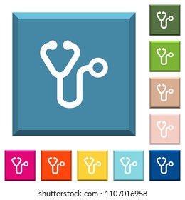 Stethoscope white icons on edged square buttons in various trendy colors
