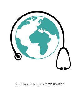 Stethoscope wrapped around globe symbolizing global healthcare and medical unity