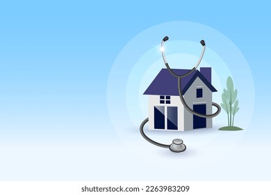 Stethoscope wraps on house. Home healthcare, home doctor and telehealth concept. Idea for people check their healthcare at home. 3D vector.