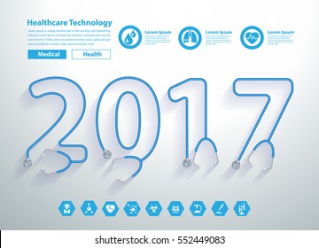 Stethoscope year 2017 of tubing forming text, Vector illustration modern layout template design