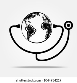 Stethscope and Earth on white background.