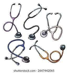 stetoscope set hand drawn. doctor nurse, diagnosis heart, lungs chest stetoscope vector sketch. isolated color illustration