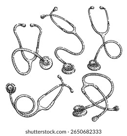 stetoscope set hand drawn. doctor nurse, diagnosis heart, lungs chest stetoscope vector sketch. isolated black illustration