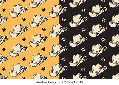Stetson hat and sheriff star retro seamless pattern on yellow black background for merchandise. Ranch hat vintage repeating pattern. Western cowboy hat hand drawn motif wallpaper