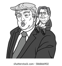 Steve Bannon And Donald Trump Cartoon Vector Portrait Caricature Black And White Illustration. February 25, 2017