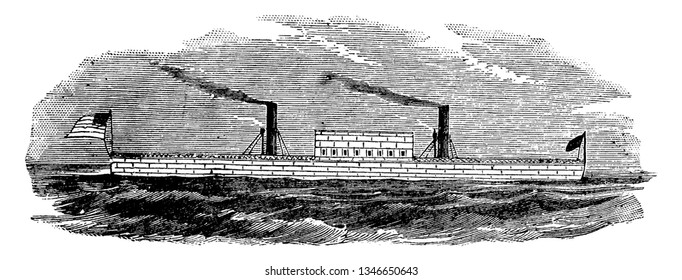 Stevens Ironclad Floating Battery applied the wave line concave waterlines on a steamboat hull in 1808, vintage line drawing or engraving illustration.