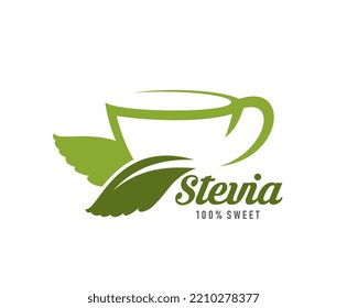 Stevia icon. Healthy or organic sweetener minimalistic symbol or simple emblem, natural food store product vector sign. Stevia sweetener minimalistic icon with green leaves and tea or coffee cup