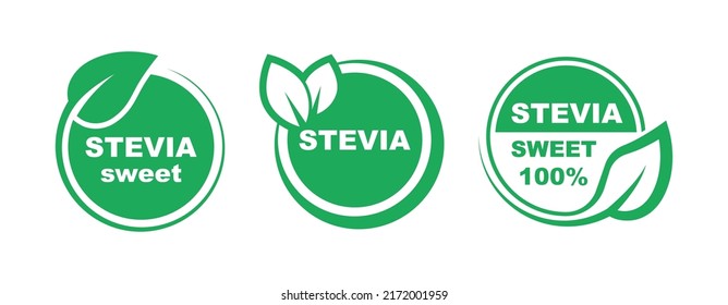 Stevia label set. Stevia sweetener. Sugar substitute. 100% natural stevia. Eco, organic and bio icon. Vector illustration.