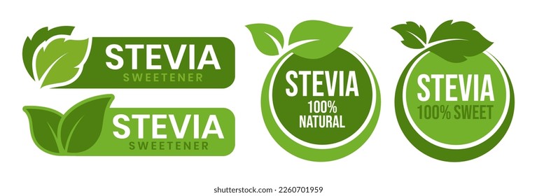 Stevia label set. Stevia sweetener. Sugar substitute. 100% natural stevia. Eco, organic and bio icon. Vector illustration.