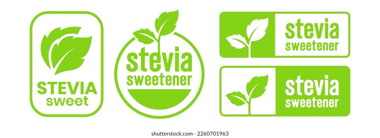 Stevia label set. Stevia sweetener. Sugar substitute. 100% natural stevia. Eco, organic and bio icon. Vector illustration.