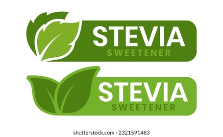 Stevia label set. Stevia sweetener. Sugar substitute. 100% natural stevia. Eco, organic and bio icon. Vector illustration.	