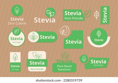 Stevia leaf keto friendly zero sugar healthy food cooking ingredient line icon label set vector illustration. Sweetener substitute culinary diabetic alternative bio herbal green dieting supplement