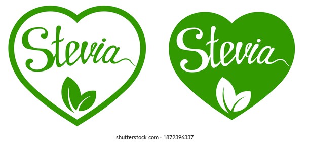 Etiqueta con letras de la hoja de Stevia. Icono o logotipo en forma de corazón verde. Edulcorante natural de baja caloría. Etiqueta del producto vegetal vegano.  Dieta. Pegatina. Vegeteriano. Orgánico